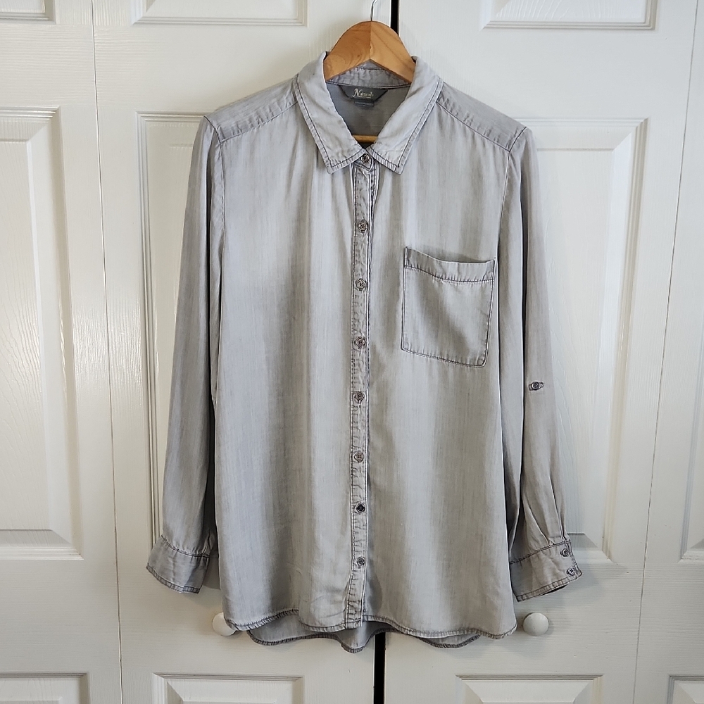 Natural Reflections Womens‎ Gray Button Down Shirt Size LG Grunge Shaket Lyocell